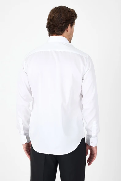 Beyaz Uzun Kol İtalyan Yaka Cepsiz Non Iron Slim Fit %100 Pamuk Gömlek 1004250269 - Resim 5