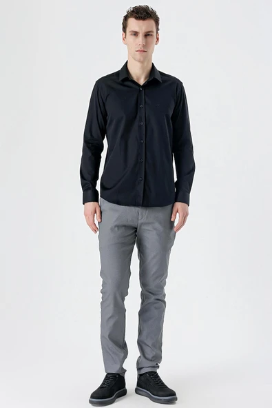 Siyah Uzun Kollu   Sert Yaka Cepsiz  %100 Pamuk Klasik Slim Fit Dar Kesim Gömlek 1004235424 - Resim 4