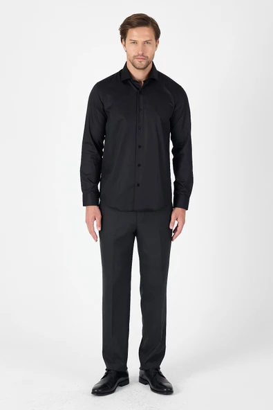 Siyah Uzun Kol Yarım İtalyan Yaka Cepsiz Non Iron Slim Fit Pamuklu Gömlek 1004250267 - Resim 2