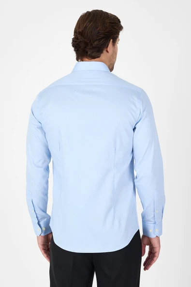 Koyu Mavi Uzun Kol Yarım İtalyan Yaka Cepsiz Non Iron Slim Fit Pamuklu Gömlek 1004250267 - Resim 5