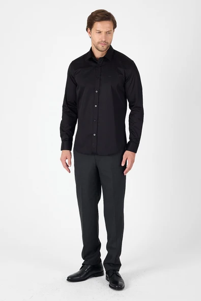 Siyah Sert Yaka Düz Classic %100 Pamuk Slim Fit Gömlek 1004250324 - Resim 2