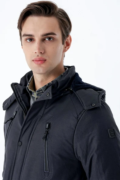 Koyu Antrasit Kapüşonlu Pamuklu Astarlı Comfort Fit Rahat Kesim Casual Kaban 1008235169 - Resim 6