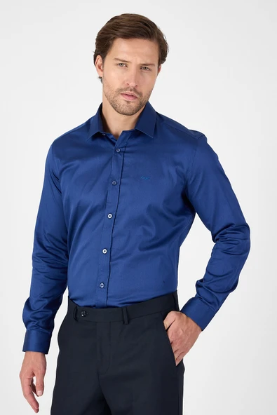 Lacivert Sert Yaka Düz Classic %100 Pamuk Slim Fit Gömlek 1004250324 - Resim 5
