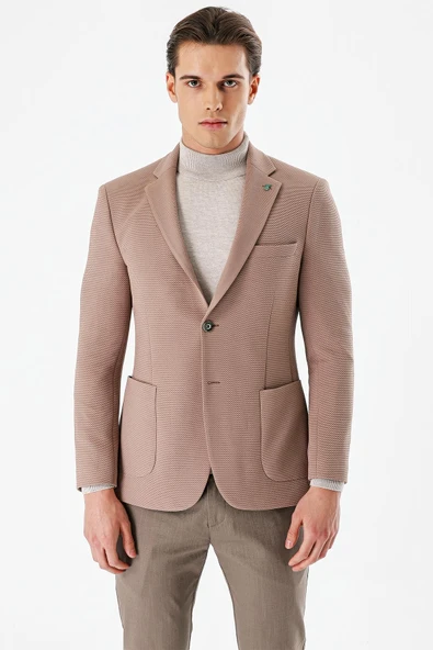 Vizon Desenli Mono Yaka Astarlı Çift Yırtmaç 6 Drop Slim Fit Dar Kesim Klasik Ceket 1002240150 - 1
