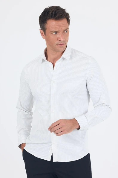 Beyaz Uzun Kol Sert Yaka Cepsiz Easy To Iron Slim Fit Esnek Gömlek 1004250230 ürün görseli