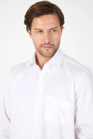 Beyaz Sert Yaka Düz Classic %100 Pamuk Comfort Fit Gömlek 1004250323 - Resim 4