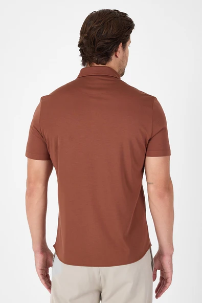 Kiremit Kısa Kol Düğmeli Yaka Cepsiz Performans Ürün Slim Fit  Gömlek 1004250256 - Resim 5