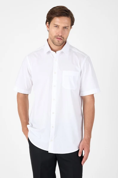 Beyaz Kısa Kol Sert Yaka Cepli  Comfort Fit %100 Pamuk Gömlek 1004250265 ürün görseli 1