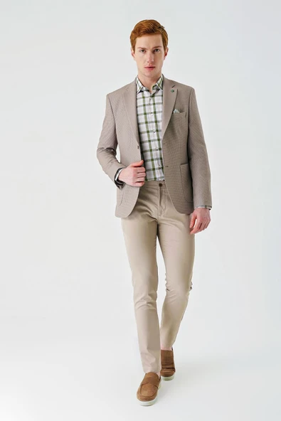 Bej Örme Mono Yaka Çift Yırtmaç Likralı 6 Drop Slim Fit Dar Kesim Klasik Ceket 1002240138 - Resim 4