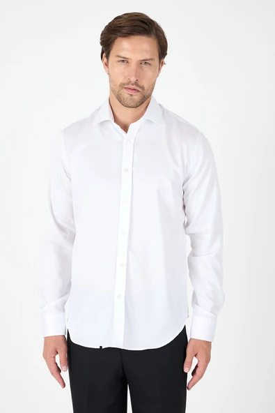 Beyaz Uzun Kol İtalyan Yaka Cepsiz Non Iron Slim Fit %100 Pamuk Gömlek 1004250269 - Resim 3