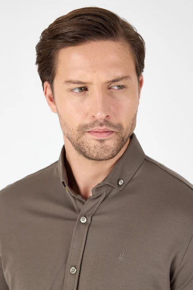 Koyu Haki Kısa Kol Düğmeli Yaka Cepsiz Performans Ürün Slim Fit  Gömlek 1004250256 - Resim 4