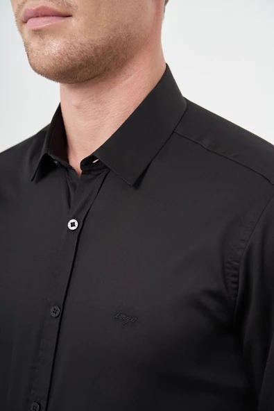 Siyah Uzun Kol Düz Bez Ayağı 032 Sert Yaka Classic Slim Fit Gömlek 1004245324 - Resim 4