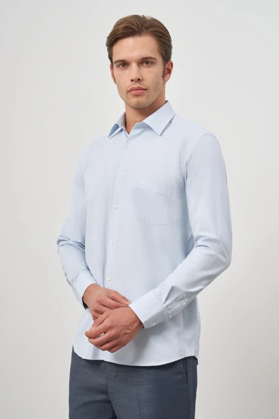 Koyu Mavi Uzun Kol Kendinden Desenli Armürlü 041 Sert Yaka Classic Comfort Fit Gömlek 1004245154 - Resim 3