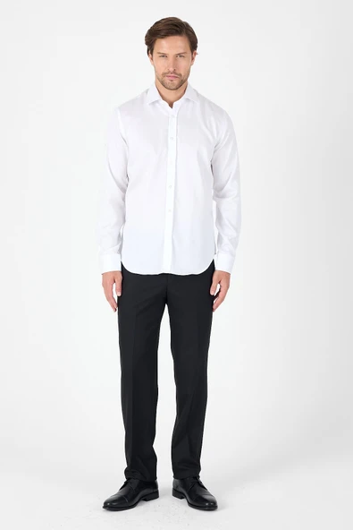 Beyaz Uzun Kol İtalyan Yaka Cepsiz Non Iron Slim Fit %100 Pamuk Gömlek 1004250269 - Resim 2
