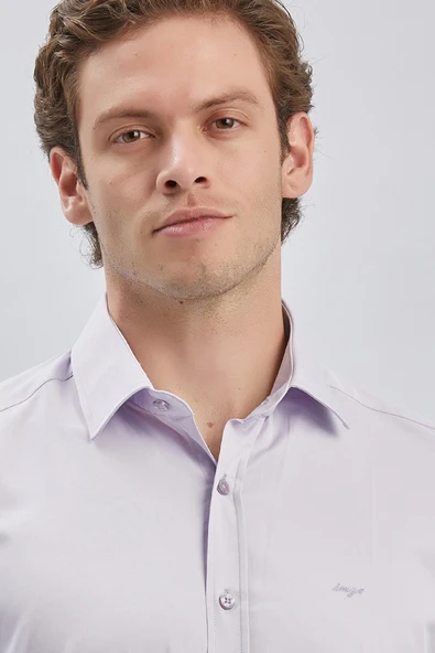 Lila Uzun Kollu Sert Yaka Cepsiz Pamuklu Likralı Klasik Slim Fit Dar Kesim Gömlek 1004240234 - Resim 6