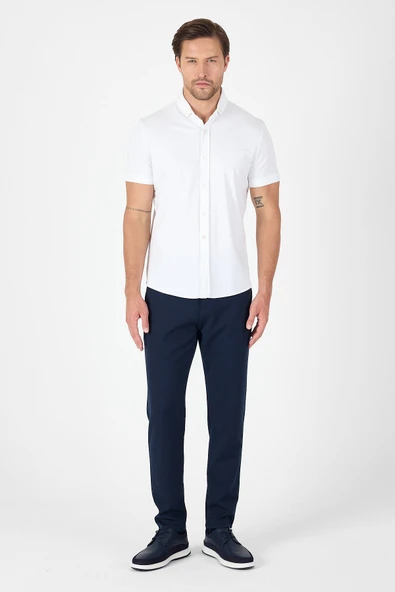 Beyaz Kısa Kol Düğmeli Yaka Cepsiz Performans Ürün Slim Fit  Gömlek 1004250256 - Resim 2