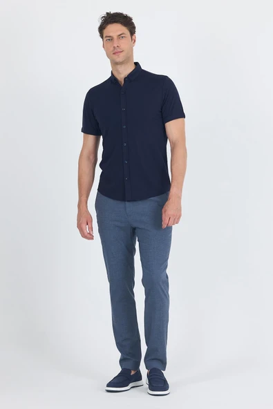 Koyu Lacivert italyan Düğmeli Yaka Kısa Kol Cepsiz Slim Fit Gömlek 1004250255 - Resim 2