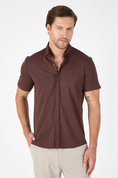 Koyu Kahverengi Kısa Kol Düğmeli Yaka Cepsiz Performans Ürün Slim Fit  Gömlek 1004250256 ürün görseli