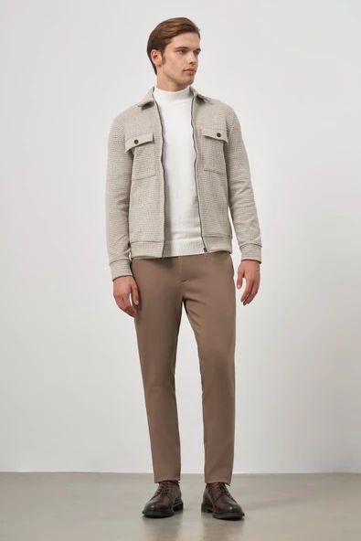 Bej Örme Bebe Yaka Kendinden Desenli Yırtmaçsız Astarsız Slim Fit Classic Mont 1007245158 - Resim 4