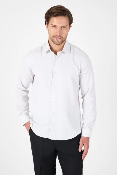 Bej Uzun Kol Sert Yaka Cepsiz  Slim Fit Pamuklu Gömlek 1004250225 ürün görseli
