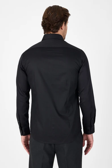 Siyah Uzun Kol Yarım İtalyan Yaka Cepsiz Non Iron Slim Fit Pamuklu Gömlek 1004250267 - Resim 5