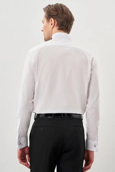 Beyaz Uzun Kol Düz Bez Ayağı Ata Yaka Cepsiz Pamuklu Basic Slim Fit Gömlek 1004245060 - Resim 5