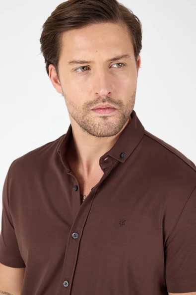 Koyu Kahverengi Kısa Kol Düğmeli Yaka Cepsiz Performans Ürün Slim Fit  Gömlek 1004250256 - Resim 4