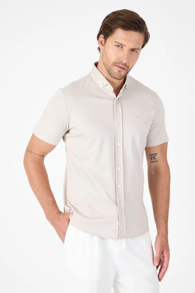 Gri Kısa Kol Düğmeli Yaka Cepsiz Performans Ürün Slim Fit  Gömlek 1004250256 ürün görseli