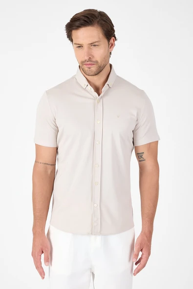 Gri Kısa Kol Düğmeli Yaka Cepsiz Performans Ürün Slim Fit  Gömlek 1004250256 - Resim 5