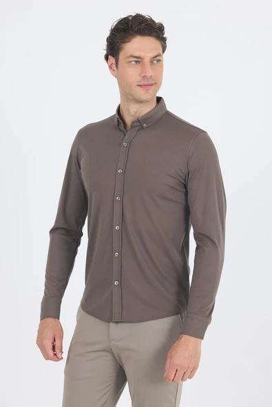 Koyu Haki İtalyan Düğmeli Yaka UzunKol Cepsiz Slim Fit Gömlek 1004250254 ürün görseli