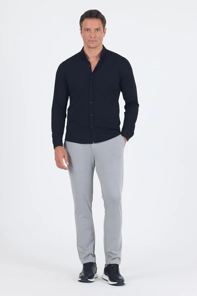 Siyah İtalyan Düğmeli Yaka UzunKol Cepsiz Slim Fit Gömlek 1004250254 - Resim 2