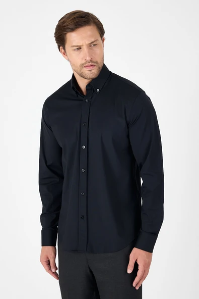 Siyah Uzun Kol Düğmeli Yaka Cepsiz Performans Ürün Slim Fit  Gömlek 1004250270 - Resim 3
