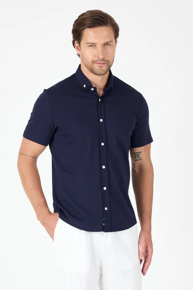 Koyu Lacivert Kısa Kol Düğmeli Yaka Cepsiz Performans Ürün Slim Fit  Gömlek 1004250256 - Resim 3
