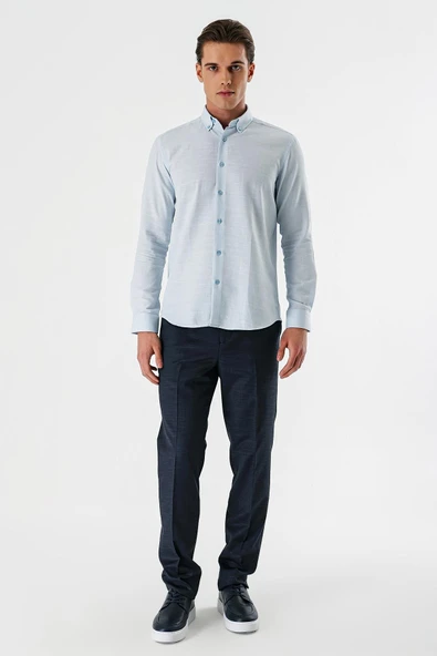 Koyu Mavi Uzun Kollu Desenli Armürlü Düğmeli Yaka Cepsiz %100 Pamuk Slim Fit Gömlek 1004240175 - Resim 4