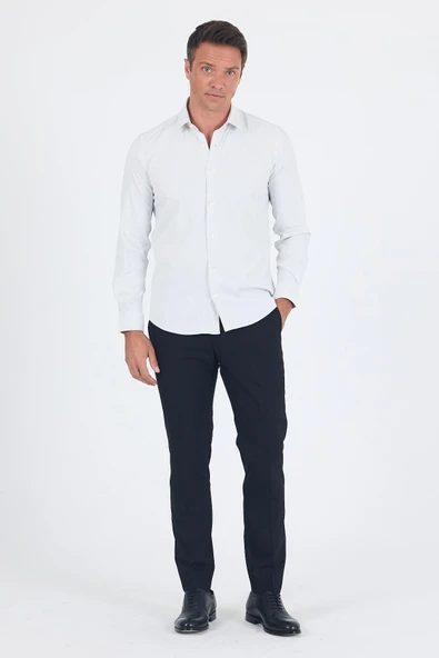 Beyaz Uzun Kol Sert Yaka Cepsiz Easy To Iron Slim Fit Esnek Gömlek 1004250233 - Resim 2