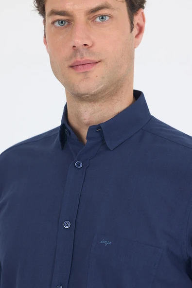 Lacivert Uzun Kol Düz Armür Oval Yaka Casual Comfort Fit Gömlek 1004250249 - 4