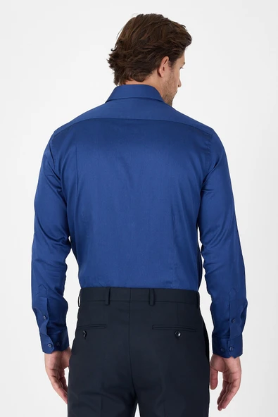 Lacivert Sert Yaka Düz Classic %100 Pamuk Slim Fit Gömlek 1004250324 - Resim 3