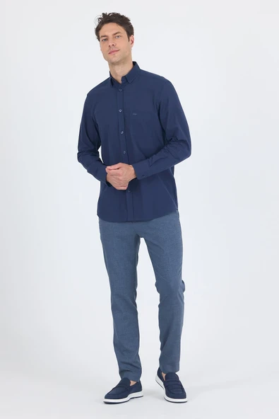 Lacivert Uzun Kol Düz Armür Oval Yaka Casual Comfort Fit Gömlek 1004250249 - 2