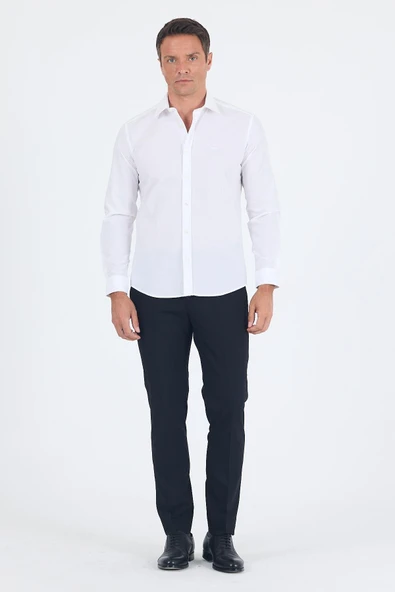 Beyaz Uzun Kol Filafil Desen Filafil Sert Yaka Cepsiz Pamuklu Basic Slim Fit Gömlek 1004250008_600 - Resim 2