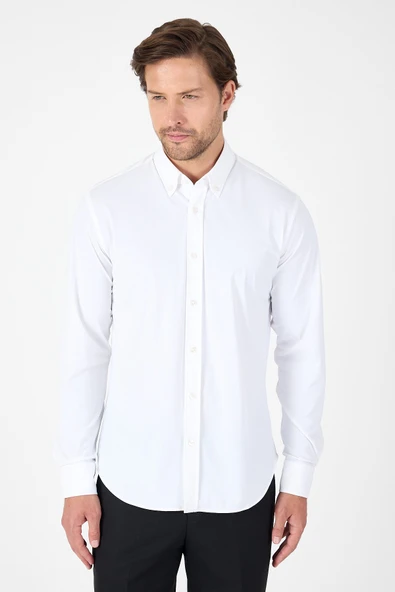 Beyaz Uzun Kol Düğmeli Yaka Cepsiz Performans Ürün Slim Fit  Gömlek 1004250270 - Resim 5