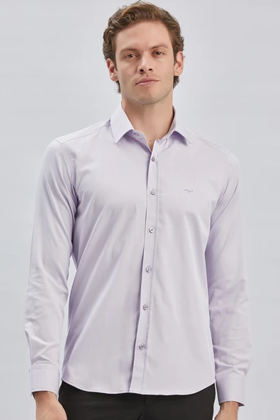 Lila Uzun Kollu Sert Yaka Cepsiz Pamuklu Likralı Klasik Slim Fit Dar Kesim Gömlek 1004240234 ürün görseli