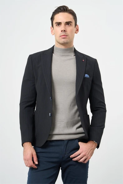 Koyu Lacivert Gofreli Kırlangıç Yaka Likralı 6 Drop Slim Fit Klasik Ceket 1002240111 ürün görseli