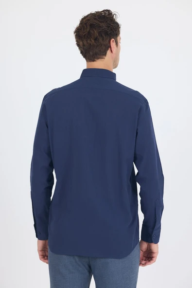 Lacivert Uzun Kol Düz Armür Oval Yaka Casual Comfort Fit Gömlek 1004250249 - 5