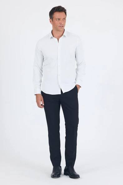 Beyaz Uzun Kol Sert Yaka Cepsiz Easy To Iron Slim Fit Esnek Gömlek 1004250230 - Resim 2