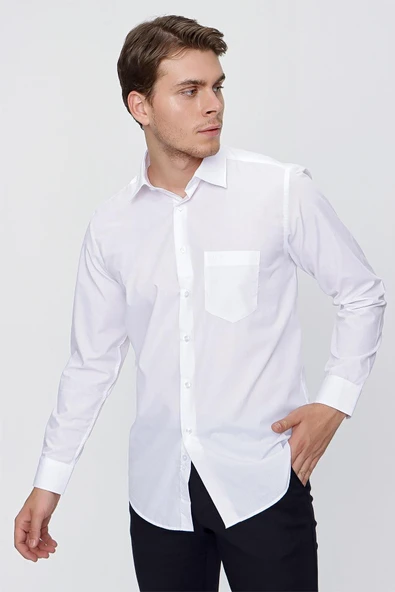 Beyaz Uzun Kollu Bez Ayağı Sert Yaka Cepli Basic Comfort Fit Rahat Kesim Gömlek 1004235051 - Resim 2