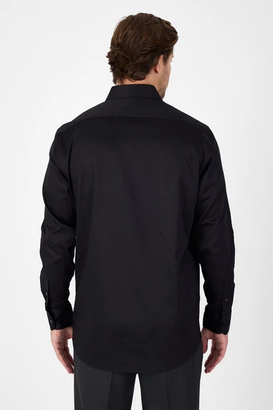 Siyah Sert Yaka Düz Classic %100 Pamuk Comfort Fit Gömlek 1004250323 - Resim 5