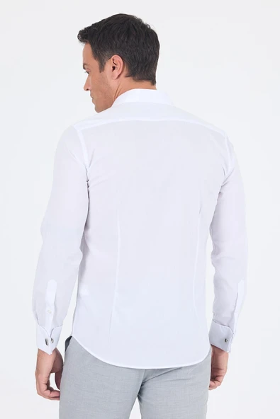 Beyaz Uzun Kol Düz Sert Yaka Cepsiz Pamuklu Basic Slim Fit Gömlek 1004250059_600 - Resim 5