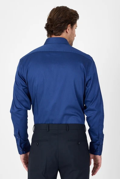 Lacivert Sert Yaka Düz Classic %100 Pamuk Comfort Fit Gömlek 1004250323 - Resim 3