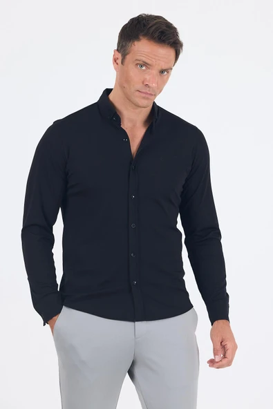 Siyah İtalyan Düğmeli Yaka UzunKol Cepsiz Slim Fit Gömlek 1004250254 ürün görseli