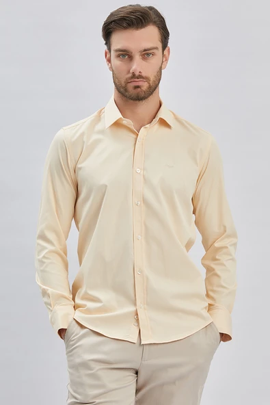 Açık Bej Uzun Kollu Sert Yaka Cepsiz Pamuklu Likralı Klasik Slim Fit Dar Kesim Gömlek 1004240234 - Resim 3